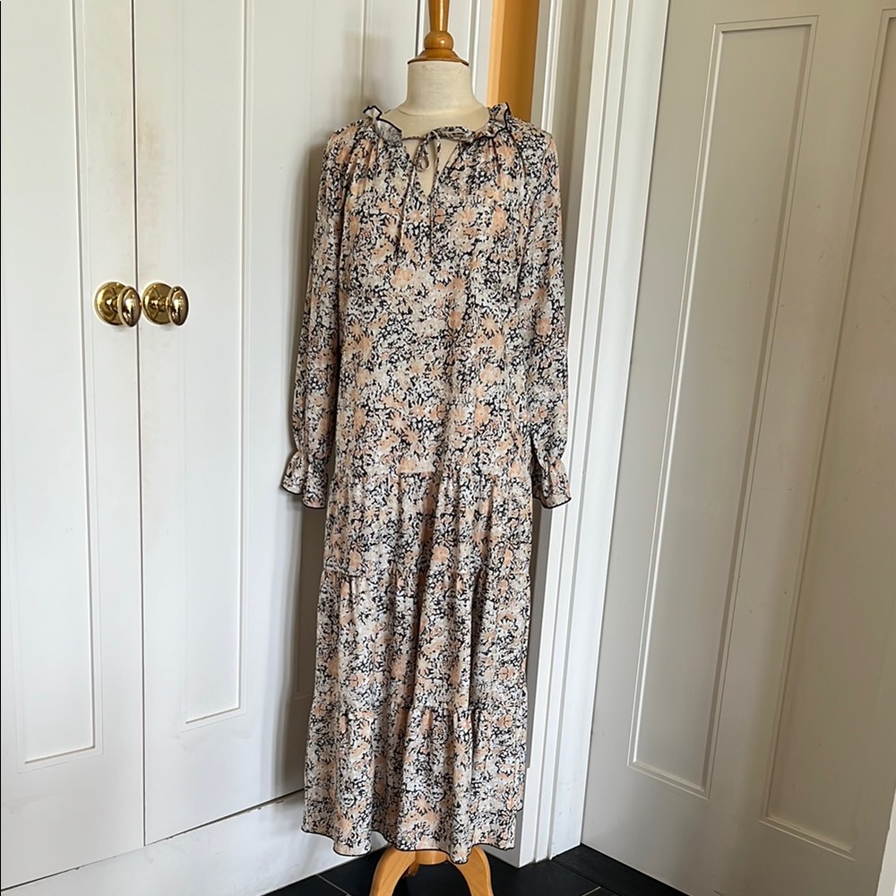 Casual cream and yellow and black floral long sleeve floral pattern dress.